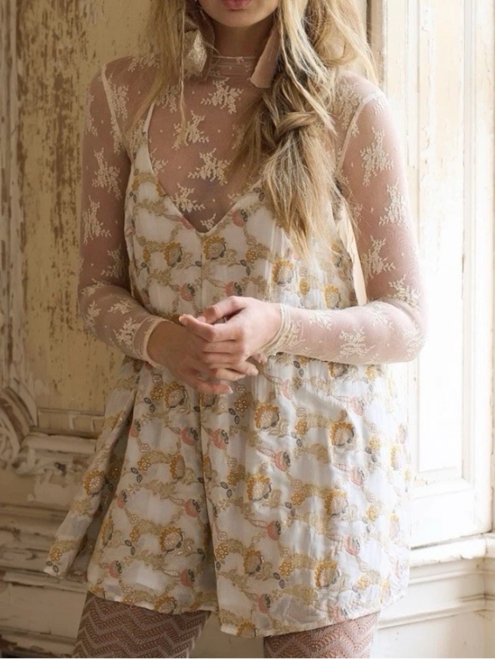 Free People Chiara Playsuit Floral Embroidered Romper Gold Ivory Metallic XS NWT
